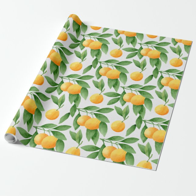 Papier Cadeau Motif d'oranges ou de mandarines d'aquarelle (Déroulé)