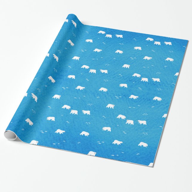Papier Cadeau Motif d'Ours polaire aquarelle en bleu (Déroulé)