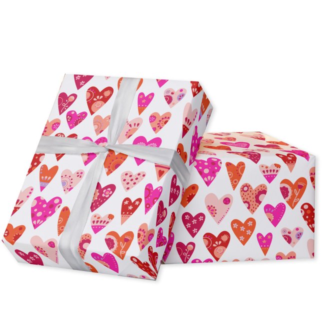 Papier Cadeau Motif du coeur rose rouge (Japandi style red orange and pink heart pattern gift wrapping paper roll)