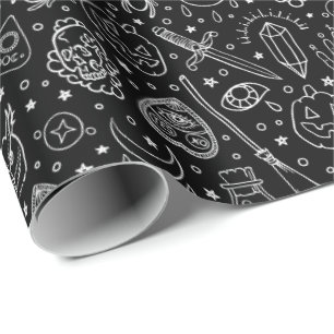 Papier Cadeau Motif du doodle noir de la fête d'Halloween