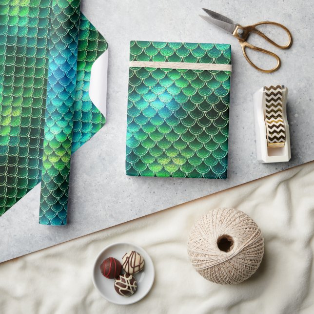 Papier Cadeau Motif Écailles de Sirène Vert ID600 (Artisanat)