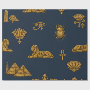 Papier Cadeau Motif Égyptien Minimaliste Navy & Or Antique