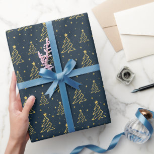 Papier Cadeau Motif élégant d'arbre de Noël bleu marine et or