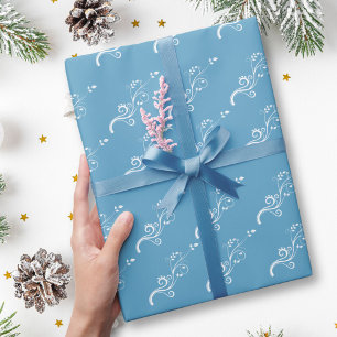 Papier Cadeau Motif élégant de feuillage blanc sur fond bleu