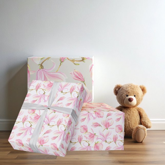 Papier Cadeau Motif élégant de fleur de magnolia rose à l'aquare (Elegant Pink Magnolia Flower Pattern Watercolor Wrapping Paper)
