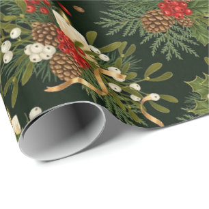 Papier Cadeau Motif élégant de fleurs de Noël et de pommes de pi