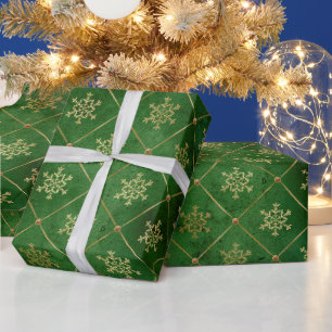 Papier Cadeau Motif élégant de flocon de neige vert avec accents