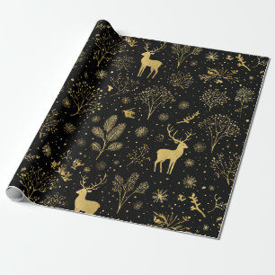 Papier Cadeau Motif élégant de forêt hivernale dorée