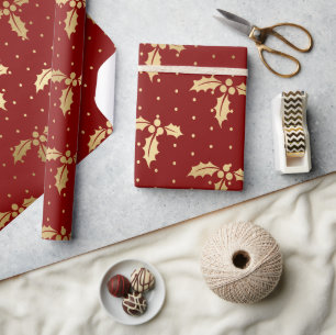Papier Cadeau Motif élégant de houx de Noël en feuille d'or et r
