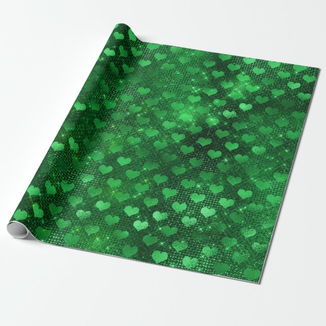 Papier Cadeau Motif Emerald Green Glam Hearts (Déroulé)