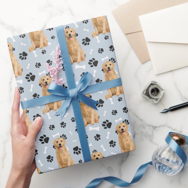 Papier Cadeau Motif Empreinte de patte Golden Retriever sur Silv (Cadeaux)