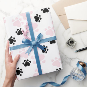 Papier Cadeau Motif Empreintes de Chiots Rose et Noir