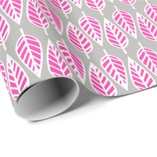 Papier Cadeau Motif en feuille de hêtre - Fuchsia rose et argent