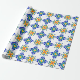 Papier Cadeau Motif en mosaïque blanche orange bleu vert