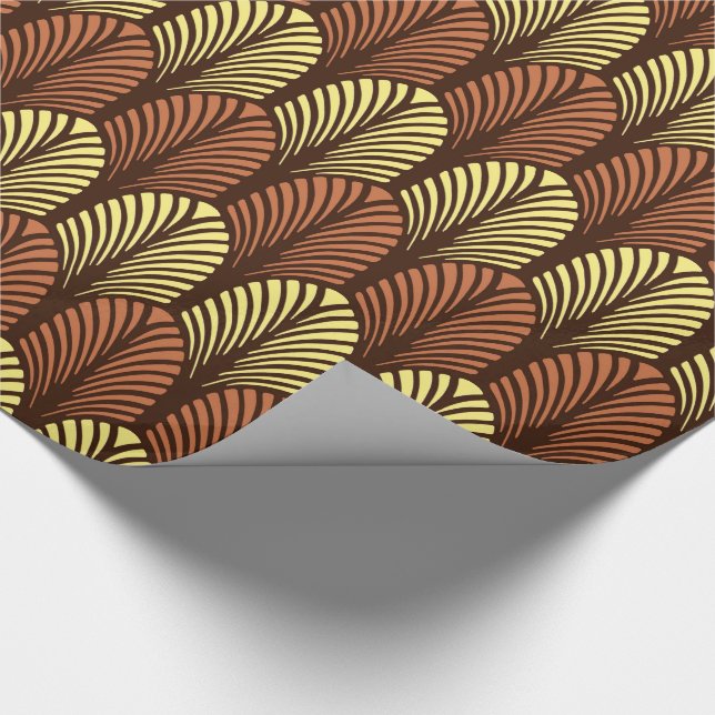 Papier Cadeau Motif en plumes Art déco, Brown foncé et rouille (Coin)