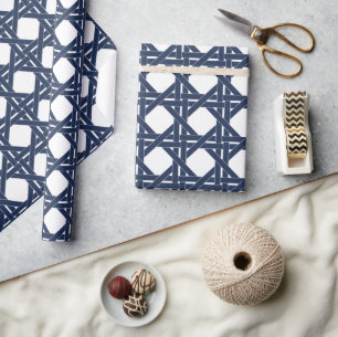 Papier Cadeau Motif en rotin d'été blanc et marine