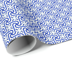 Papier Cadeau Motif en tuiles égyptiennes, blanc et bleu cobalt