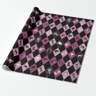 Papier Cadeau Motif équestre noir rose élégant