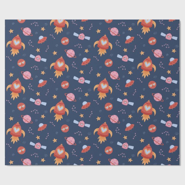 Papier Cadeau Motif Espace Enfants avec Fusées & Planètes (Plat)
