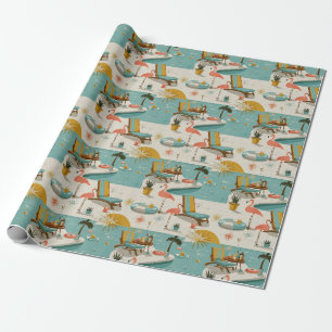Papier Cadeau Motif Estival Rétro Flamingo au Bord de la Piscine