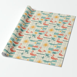 Papier Cadeau Motif Été Bord de Piscine Flamant Rose Rétro (3)