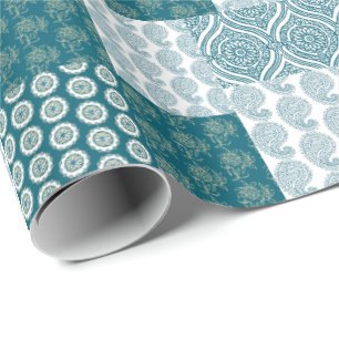 Papier Cadeau Motif ethnique chic, Teal et blanc de patchwork de
