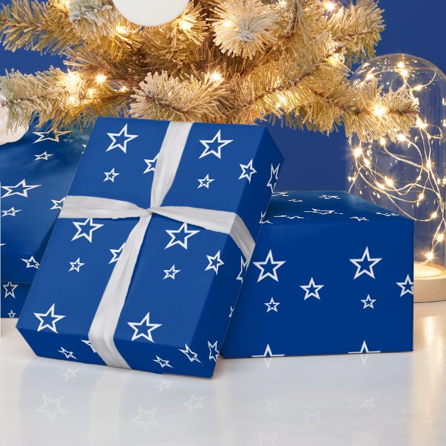 Papier Cadeau Motif étoile blanche tendance bleu (Vacances)