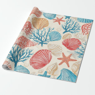 Papier Cadeau Motif étoile de mer coquillage de plage d'été bleu