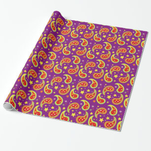 Papier Cadeau Motif étoile de Paisley de Noël rouge jaune violet