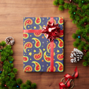Papier Cadeau Motif étoile Paisley de Noël bleu rouge