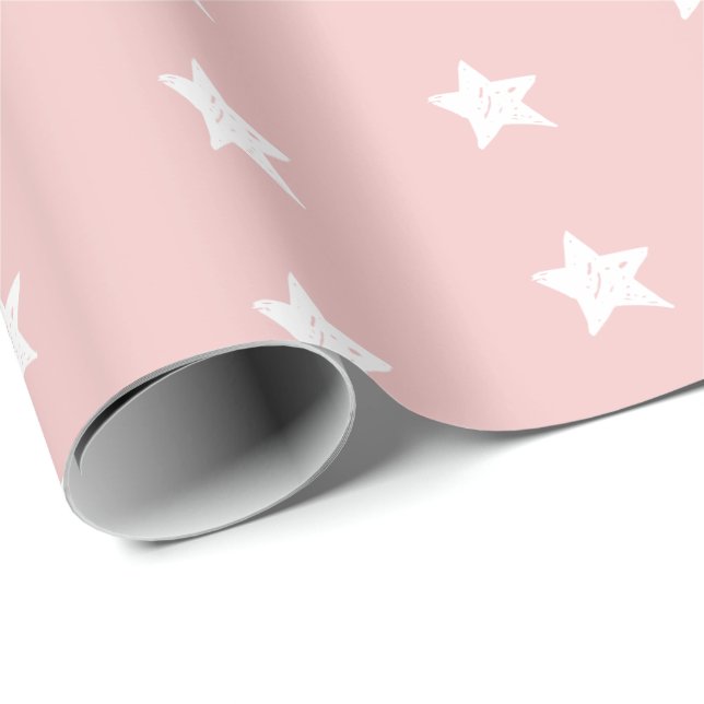Papier Cadeau Motif étoile rose et blanc (Coin rond)