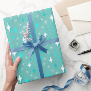Papier Cadeau Motif étoile sarcelle et blanc rétro