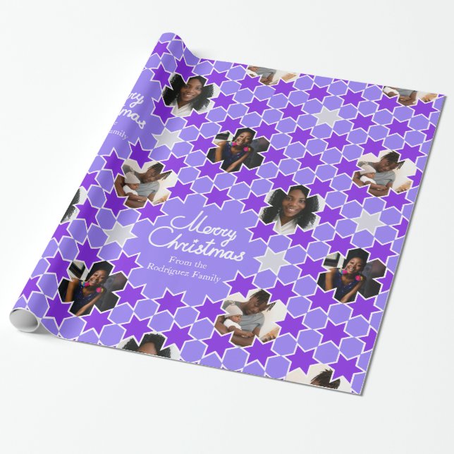 Papier Cadeau Motif étoile violet blanc photos de Noël enveloppe (Déroulé)