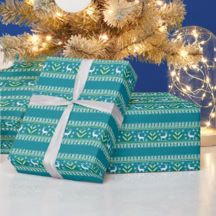 Papier Cadeau Motif Fair Isle Hiver Rennes en Bleu Canard