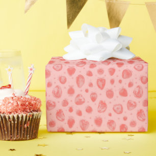 Papier Cadeau motif fantaisiste de fraise sur fond rose