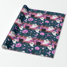 Motif fantôme et citrouille rose et bleu