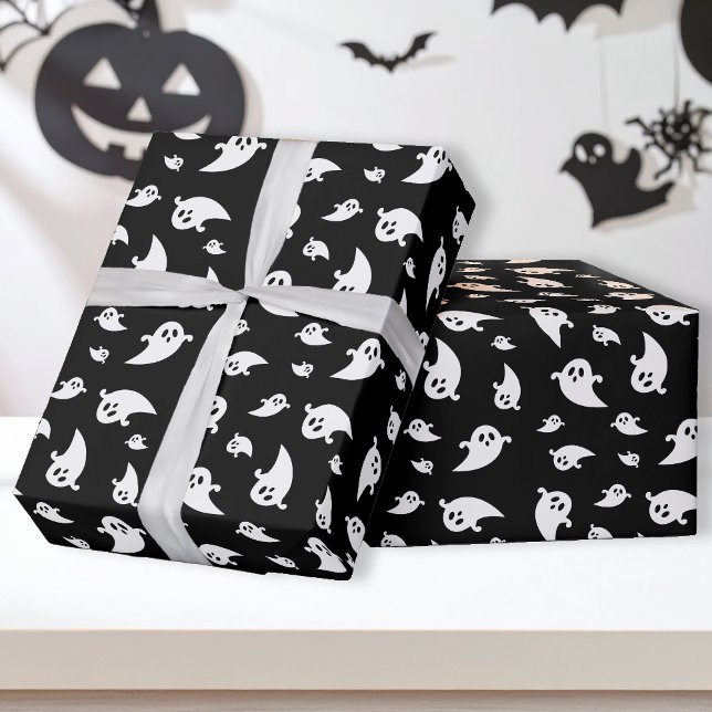 Papier Cadeau Motif Fantôme Sur Noir Cute Jouer Halloween (Créateur téléchargé)