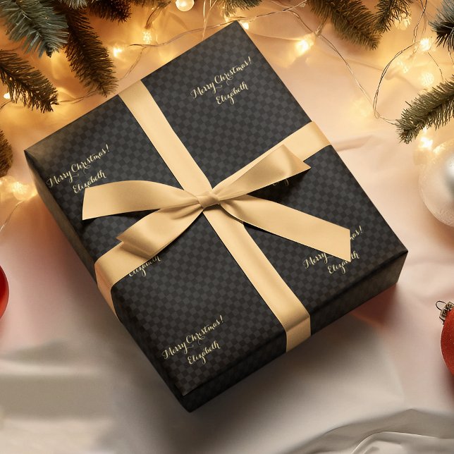 Papier Cadeau Motif Faux Gold personnalisé Black Modern Check (Custom Black Modern Check Pattern Faux Gold Script Wrapping Paper)
