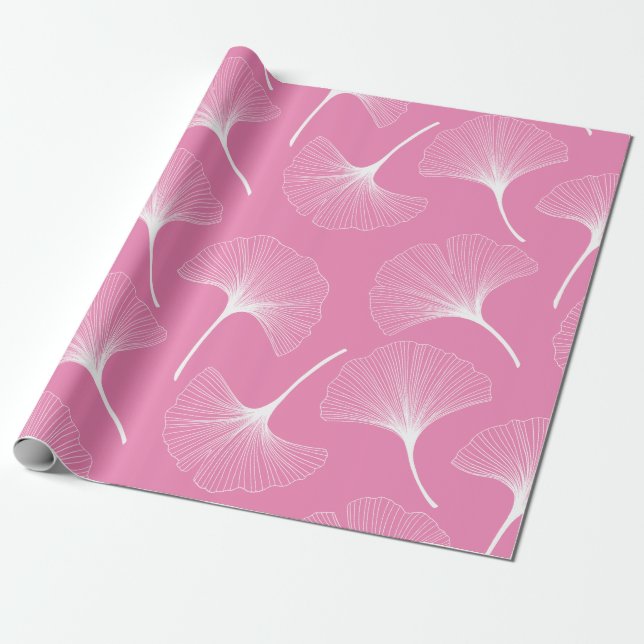 Papier Cadeau Motif feuille abstrait blanc et rose (Déroulé)