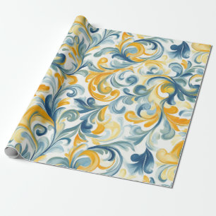 Papier Cadeau Motif feuille bleu et or Paisley