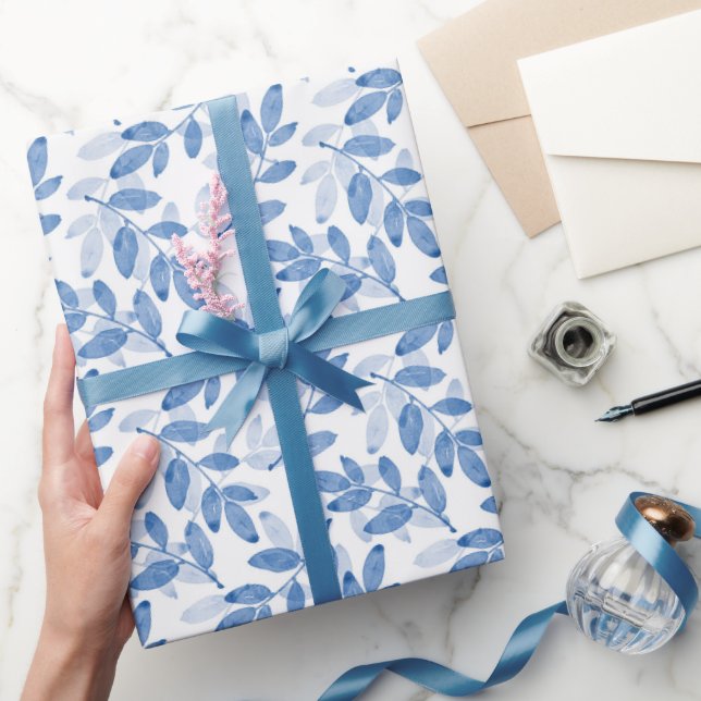 Papier Cadeau Motif Feuille d'aquarelle bleu (Cadeaux)