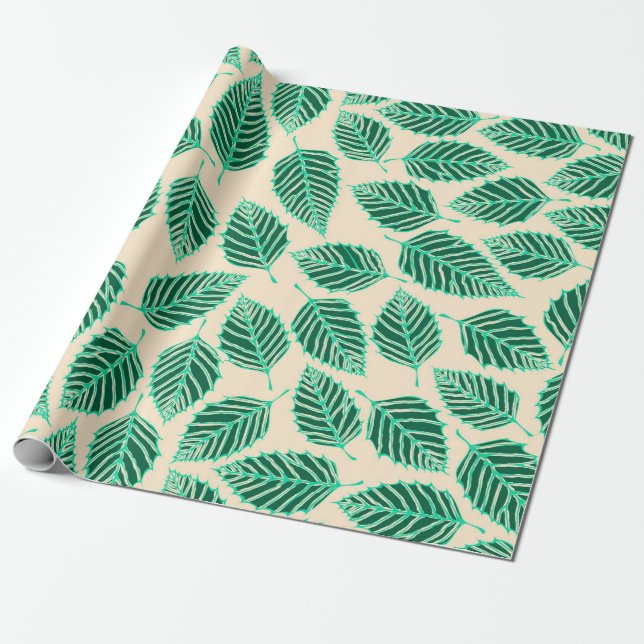 Papier Cadeau Motif Feuille de bouleau vert contemporain (Déroulé)