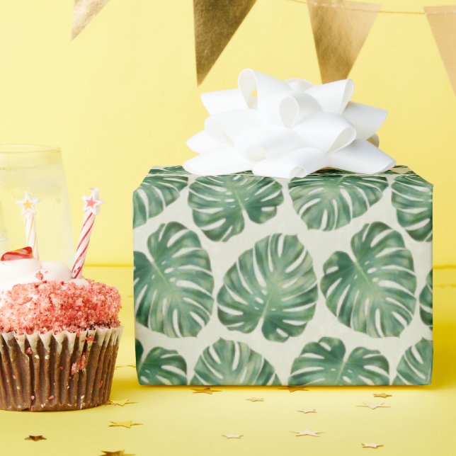 Papier Cadeau Motif Feuille de Monstera Tropicale Verte (Fête d'anniversaire)