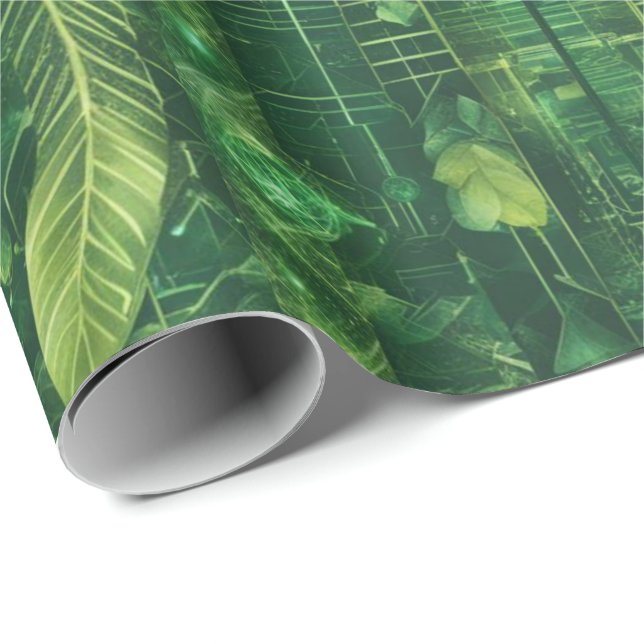 Papier Cadeau Motif feuillu vert futuriste (Coin rond)