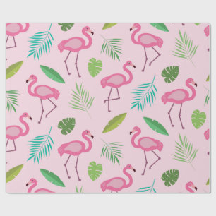 Papier Cadeau Motif flamant rose avec feuilles tropicales 