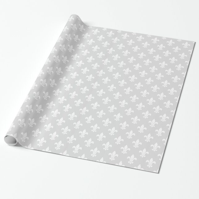 Papier Cadeau Motif Fleur de Lis Blanc Gris Clair (Déroulé)