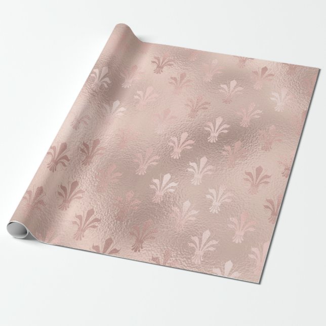 Papier Cadeau Motif fleur de lis en or rose et rose blush (Déroulé)