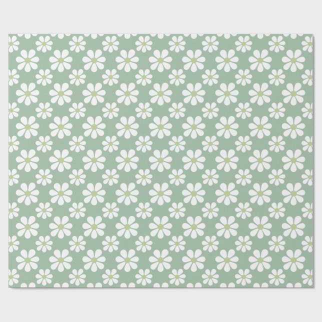 Papier Cadeau Motif fleur de marguerite verte blanche  (Plat)