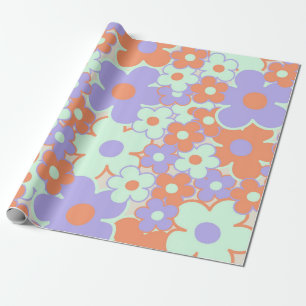 Papier Cadeau Motif Fleur Rétro Années 70 Y2K Bleu Violet Orange