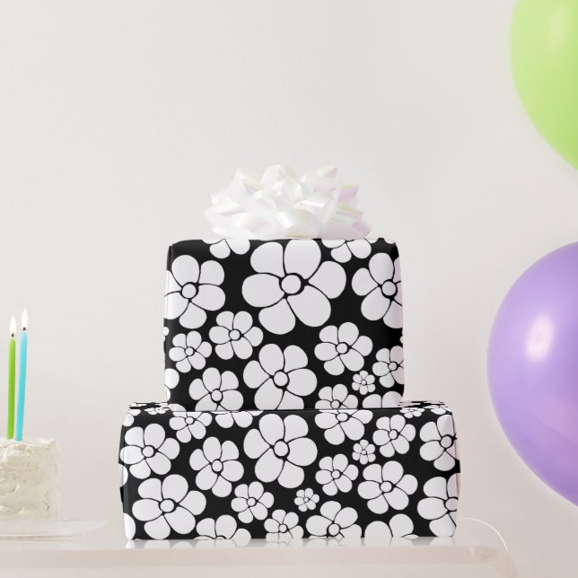 Papier Cadeau Motif Fleur rétro en blanc sur noir (Cadeaux de fête)